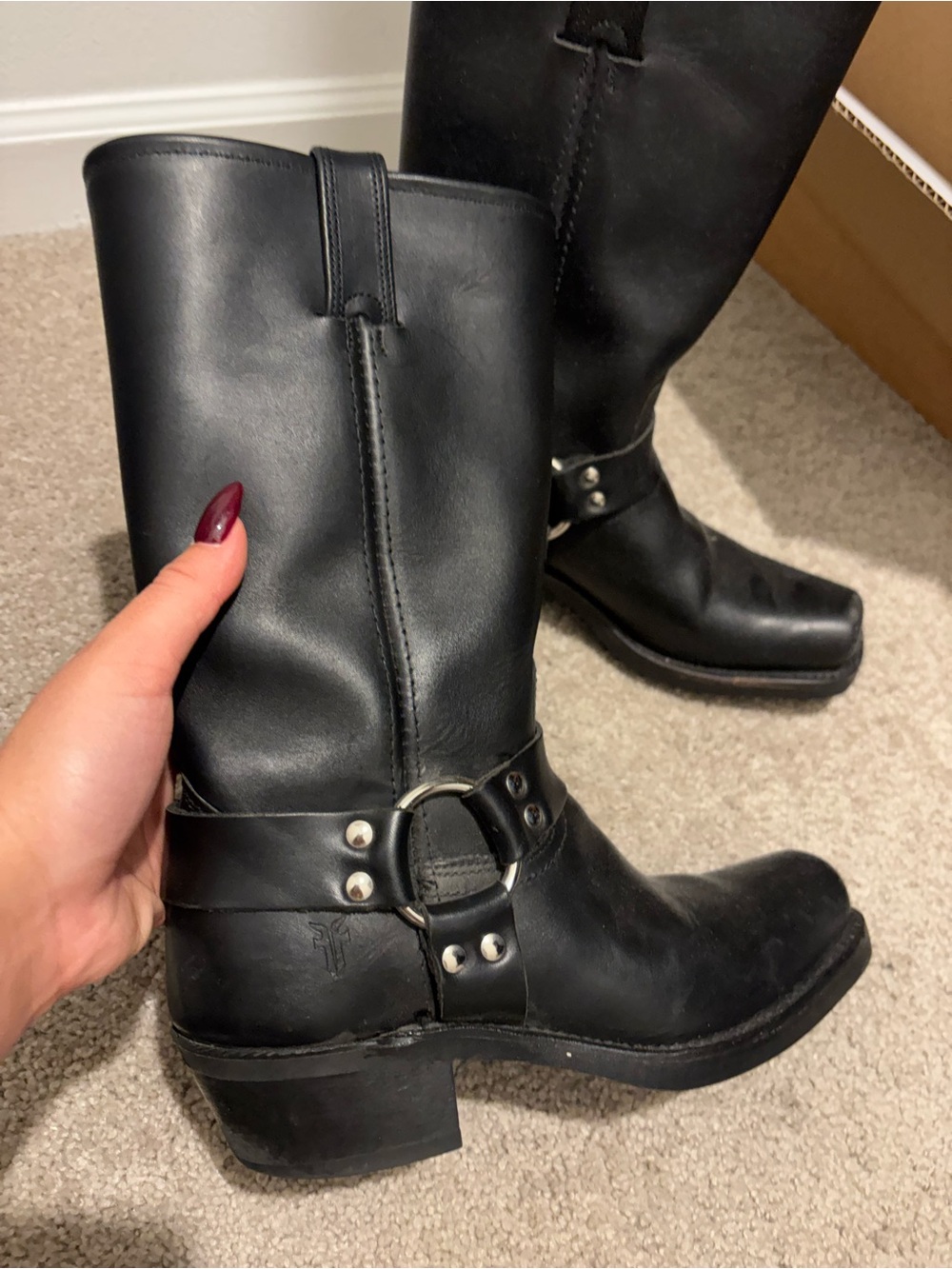 Frye Black Leather Harness Mid-Calf Boots